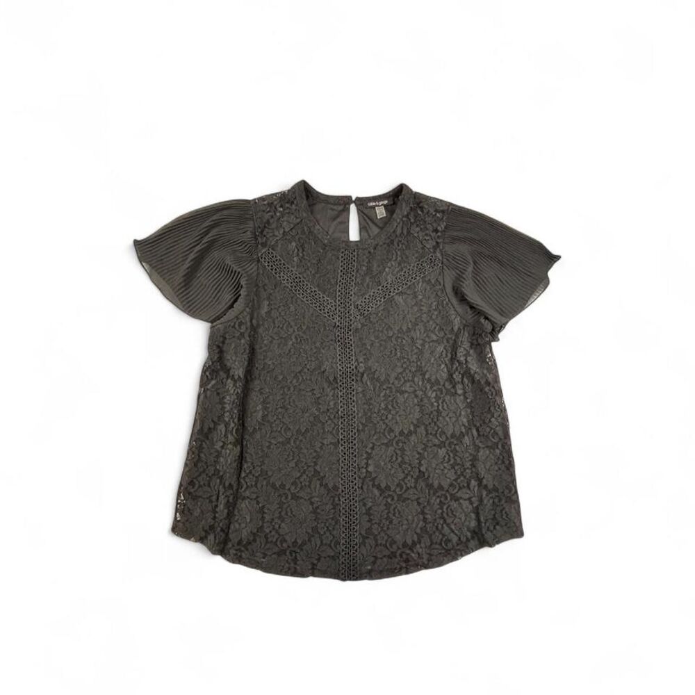 Cable & Gauge Black Floral Lace Blouse Women's XL Pleated Flutter Sleeve NWOT